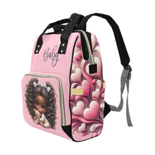 Load image into Gallery viewer, Baby Girl African American Puffy Pigtails in PJs Hearts Diaper Backpack