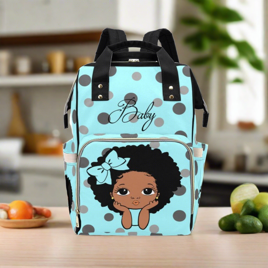 Designer Diaper Bags - African American Baby Girl Electric Blue Polka Dots Bow And Natural Curls Multi-Function Backpack