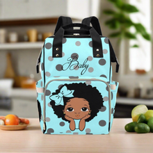 Load image into Gallery viewer, Designer Diaper Bags - African American Baby Girl Electric Blue Polka Dots Bow And Natural Curls Multi-Function Backpack