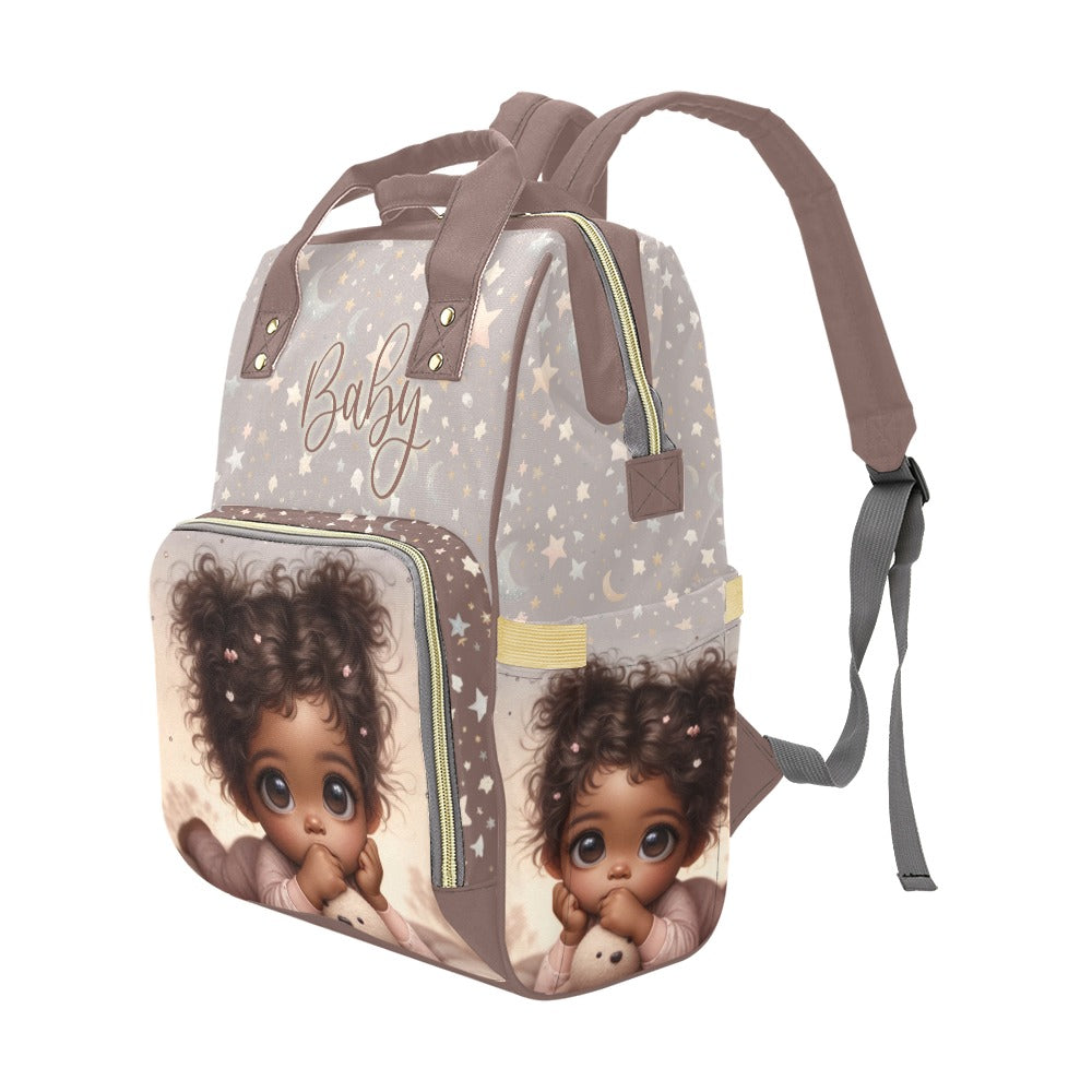 Personalized Diaper Bag With Black Baby Girl Pigtails, PJs, Moons and Stars Diaper Backpack Waterproof Backpack