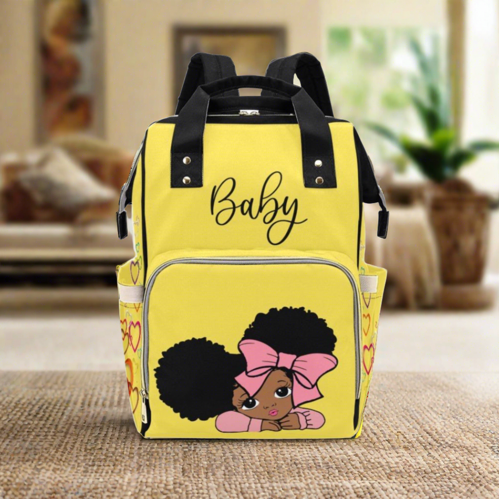 Designer Diaper Bags - African American Baby Girl With Afro Pigtails Yellow - Waterproof Multi-Function Backpack