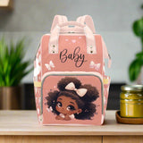 Baby Black Girl in Pink Bow - Coquette Diaper Bag Waterproof Backpack