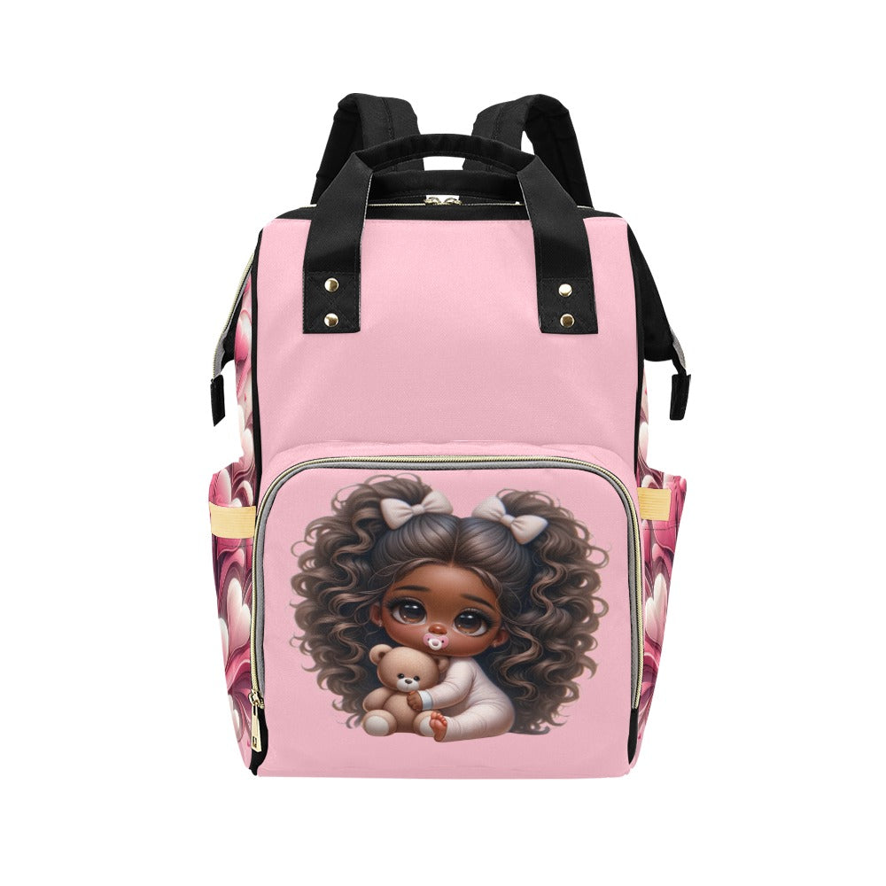 Baby Girl African American Puffy Pigtails in PJs Hearts Diaper Backpack