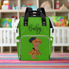 Designer Diaper Bag - Ethnic African American Baby Girl - Green Multi-Function Backpack