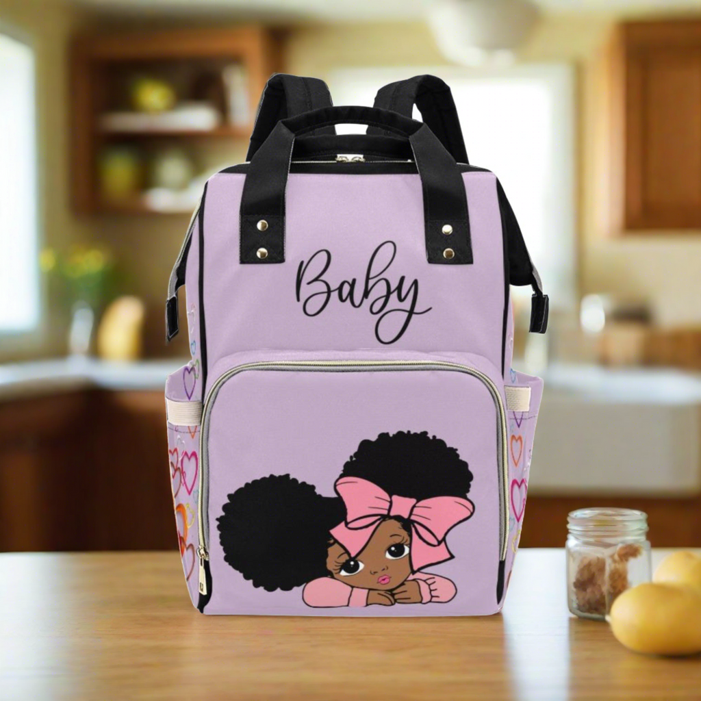 Designer Diaper Bag - African American Baby Girl With Afro Pigtails Lilac Multi-Function Backpack