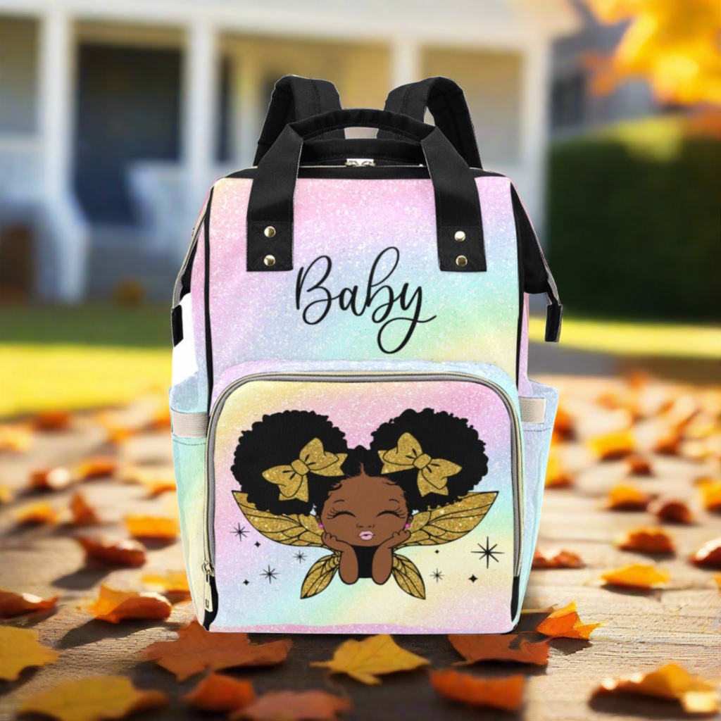 Cutest African American Baby Girl Gold Glitter Angel Custom Diaper Bag - Black Multi-Function Backpack