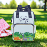 Designer Diaper Bag - Cute Cartoon Dinosaurs In Field Baby Blue Bag Designer Diaper Bag Backpack