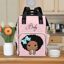 Load image into Gallery viewer, Designer Diaper Bags - African American Baby Girl Natural Curls And Electric Blue Bow On Pink