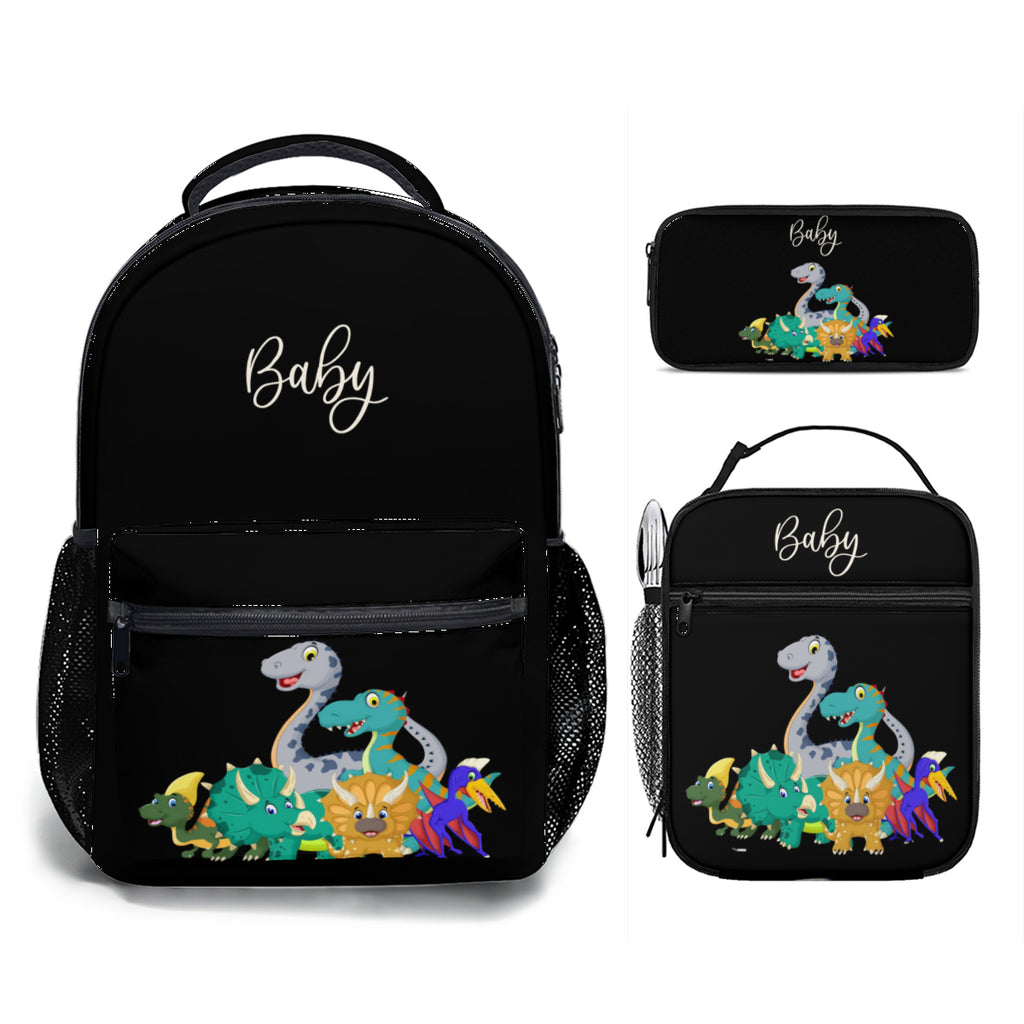 Personalized School Backpack Bag Insulated Lunch Tote Bag Pencil Bag Pouch Set of 3 for School With Cute Dinosaurs