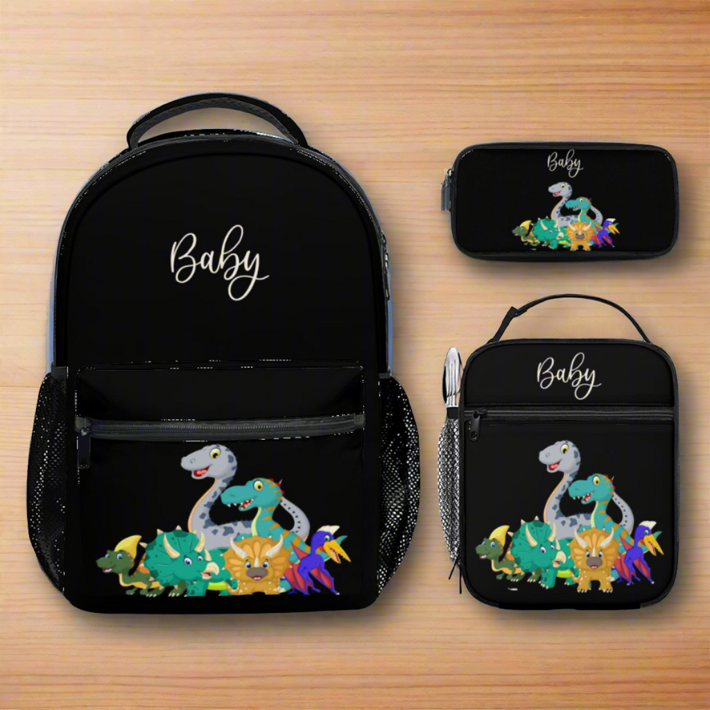 Personalized School Backpack Bag Insulated Lunch Tote Bag Pencil Bag Pouch Set of 3 for School With Cute Dinosaurs