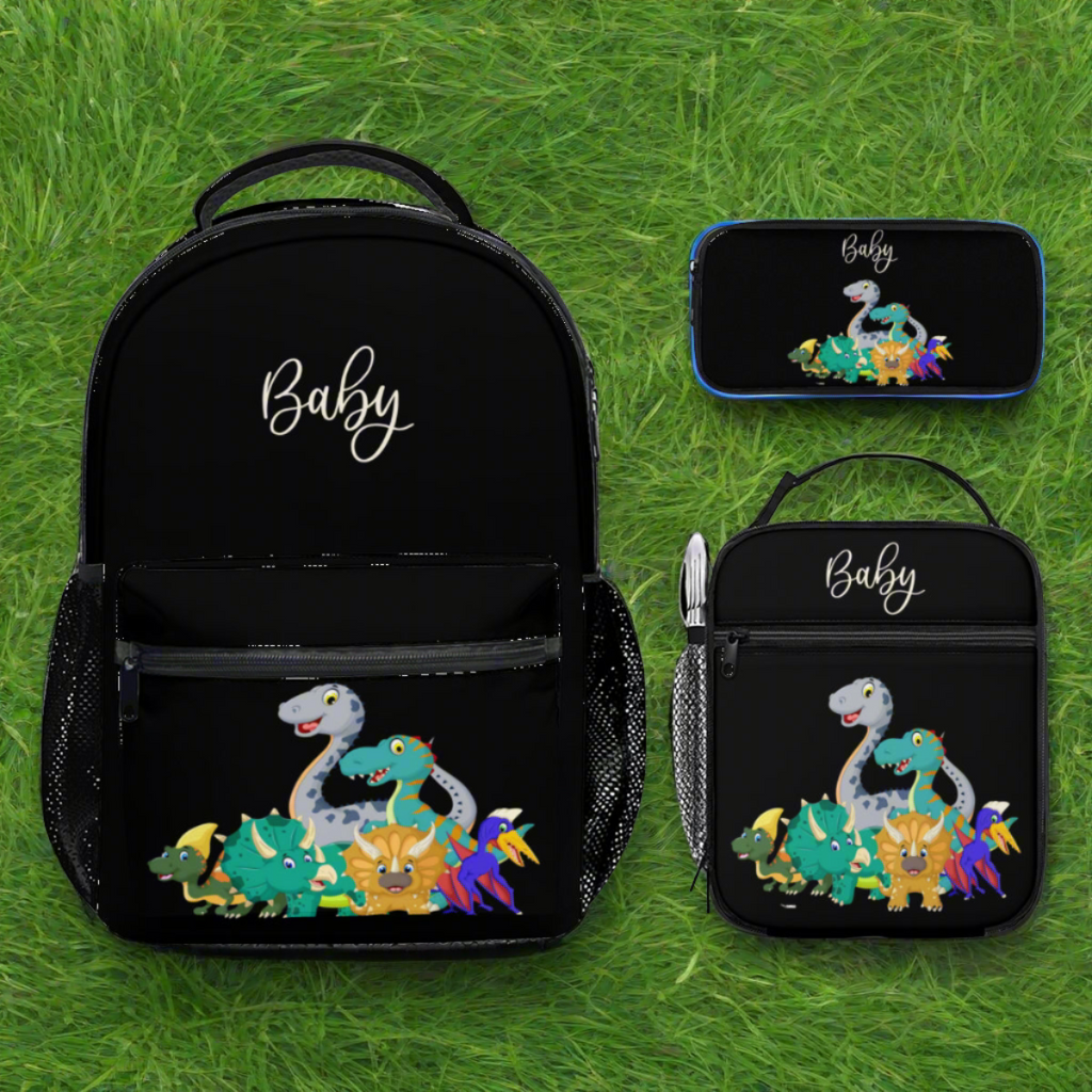 Personalized School Backpack Bag Insulated Lunch Tote Bag Pencil Bag Pouch Set of 3 for School With Cute Dinosaurs