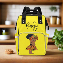 Load image into Gallery viewer, Designer Diaper Bag - Ethnic Queen African American Baby Girl - Bright Yellow Multi-Function Backpack