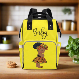 Designer Diaper Bag - Ethnic Queen African American Baby Girl - Bright Yellow Multi-Function Backpack