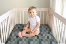 Load image into Gallery viewer, Designer Jersey Fitted Crib Sheet - Green Quilt-Like Plaid Design