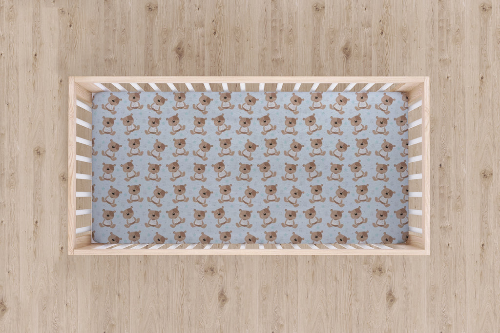 Designer Jersey Fitted Crib Sheet - Teddy Bears on Blue