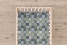 Load image into Gallery viewer, Designer Jersey Fitted Crib Sheet - Green Quilt-Like Plaid Design