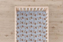 Load image into Gallery viewer, Designer Jersey Fitted Crib Sheet - Teddy Bears on Blue