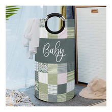 Load image into Gallery viewer, Green Quilt-Like Patchwork Large Laundry Basket Round Laundry Hamper