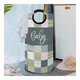 Green Quilt-Like Patchwork Large Laundry Basket Round Laundry Hamper