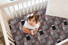 Load image into Gallery viewer, Designer Jersey Fitted Crib Sheet - Pink and Gray Quilt-Like Plaid
