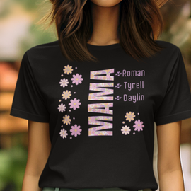 Personalized MAMA T-shirt With Kids Names Retro Floral in Classic Colors 100% Cotton Jersey Knit