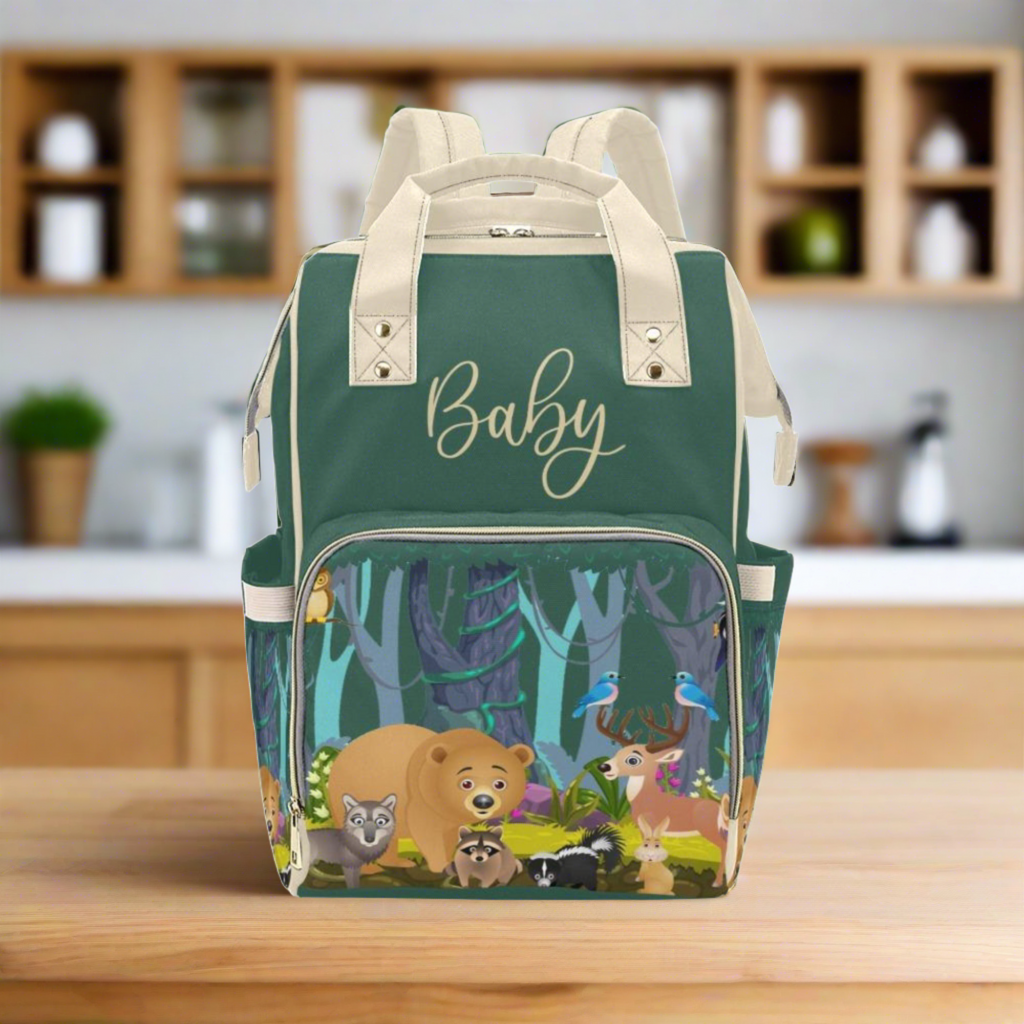 Designer Diaper Bags - Gender Neutral Forest Animals With Baby Name - Green - Waterproof Multi-Function Backpack