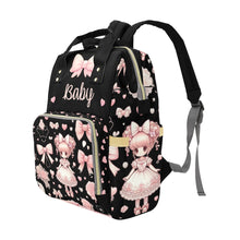 Load image into Gallery viewer, Personalized Diaper Bag, Baby Doll in Pink Bow on Black - Coquette Diaper Bag Waterproof Backpack, Pink Vintage for Girls