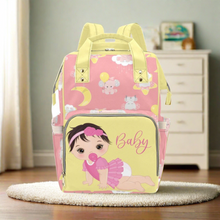 Load image into Gallery viewer, Custom Diaper Bag - Backpack Diaper Bag - Cute Brunette Baby Girl In Pink - Yellow Diaper Bag