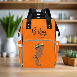 Designer Diaper Bag - Ethnic King African American Baby Boy - Orange Multi-Function Backpack