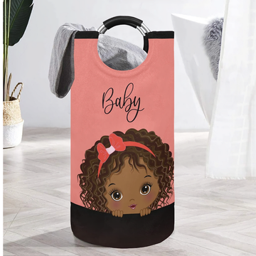 African American Baby Girl Large Laundry Basket Round Laundry Hamper in Coral