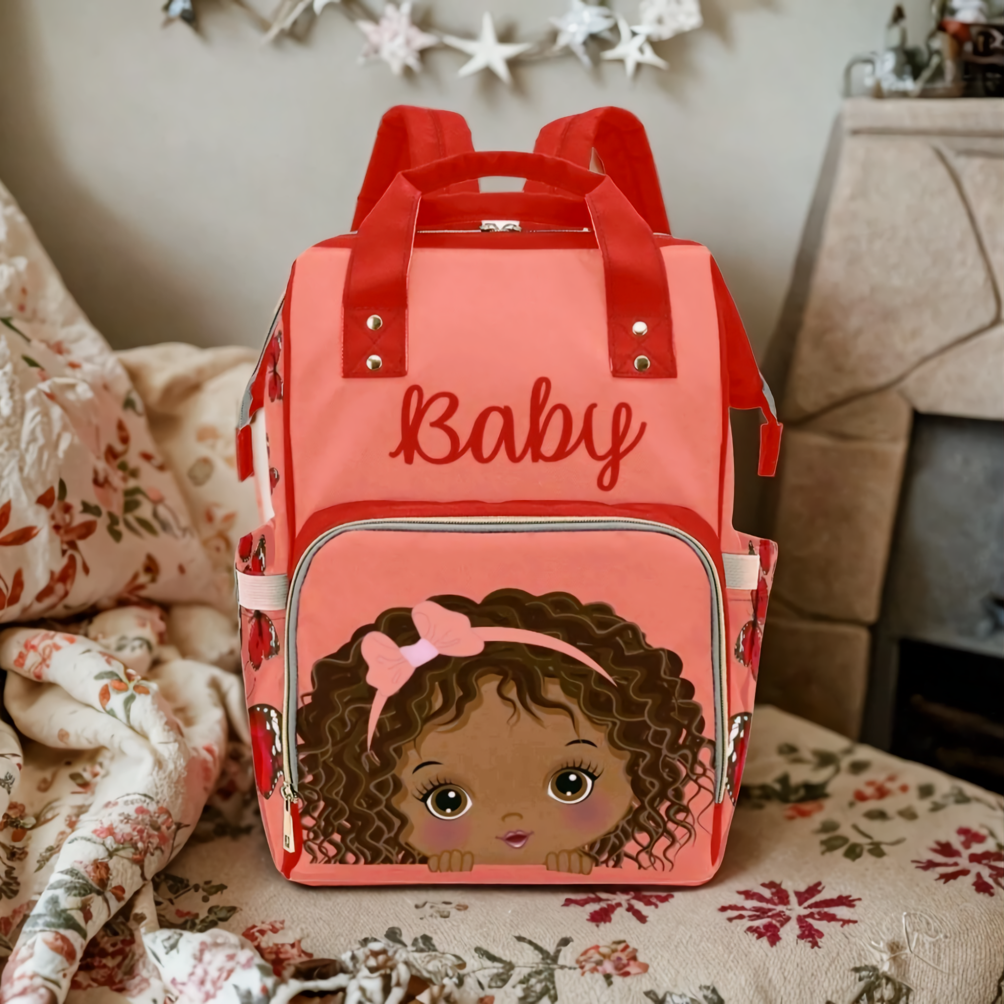 Adorable African American Baby Girl With Pink Bow On Coral Diaper Bag Backpack