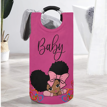 Load image into Gallery viewer, African American Baby Girl Hot Pink Large Laundry Basket Round Laundry Hamper