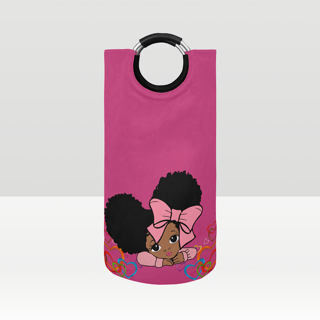 African American Baby Girl Hot Pink Large Laundry Basket Round Laundry Hamper