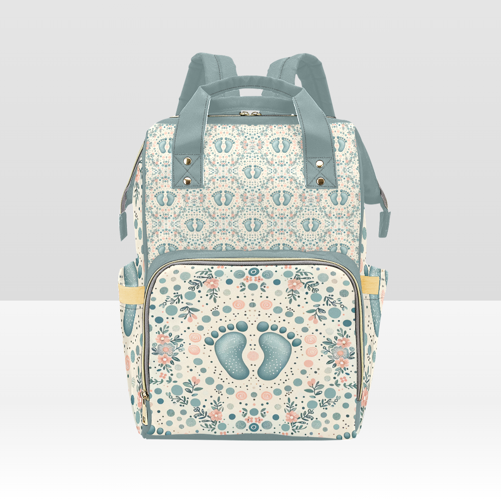 Baby Bag Backpack - Cute Boho Baby's Footprints in Green Multi-Function Backpack