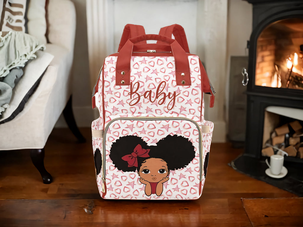 Designer Diaper Bags - African American Baby Girl With Natural Afro Pigtails And Bow With Hearts