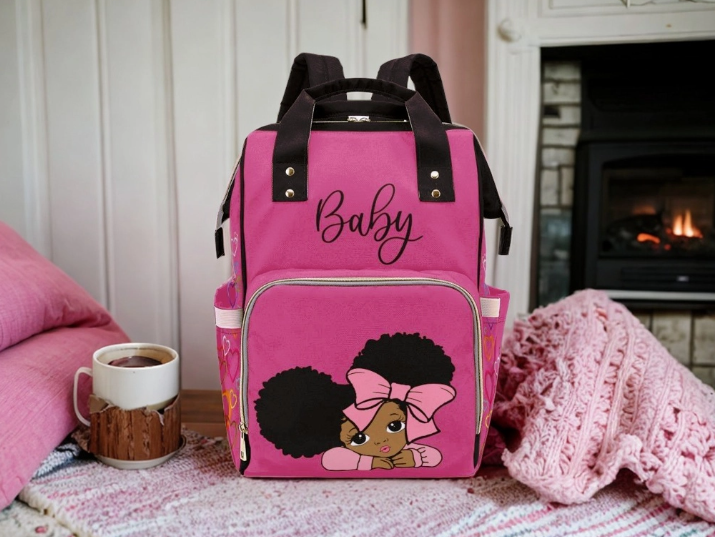 Designer Diaper Bags - African American Baby Girl With Afro Pigtails Hot Pink - Waterproof Multi-Function Backpack