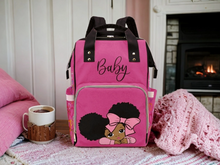 Load image into Gallery viewer, Designer Diaper Bags - African American Baby Girl With Afro Pigtails Hot Pink - Waterproof Multi-Function Backpack