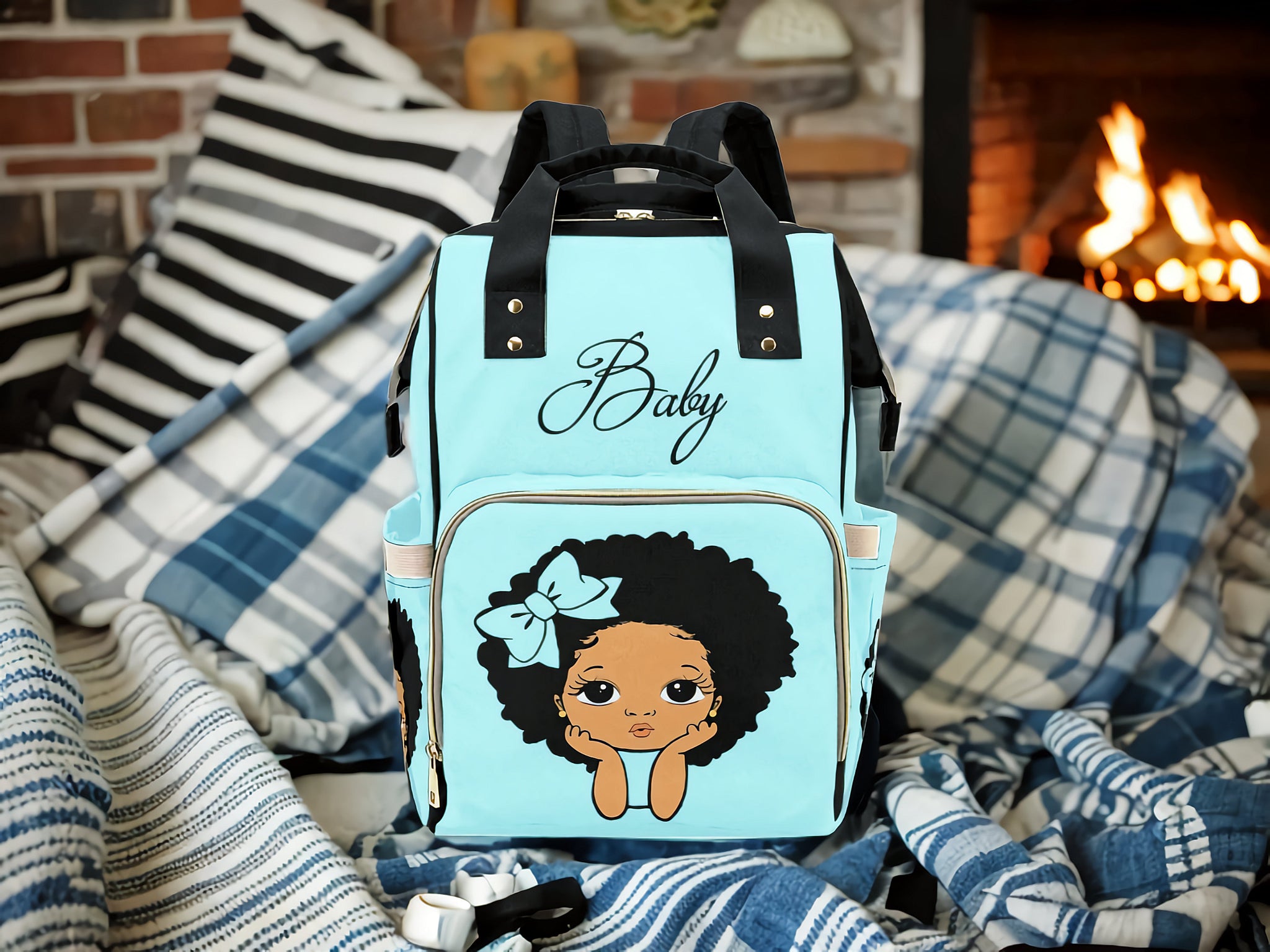Designer Diaper Bag Lighter Skin African American Girl Electric Blue Waterproof Diaper Bag Backpack