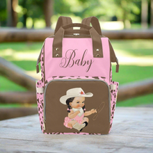 Load image into Gallery viewer, Custom Diaper Bag - Pretty Cowgirl With Braids Brown Cow Print On Baby Pink Backpack Diaper Bag