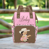 Custom Diaper Bag - Pretty Cowgirl With Braids Brown Cow Print On Baby Pink Backpack Diaper Bag