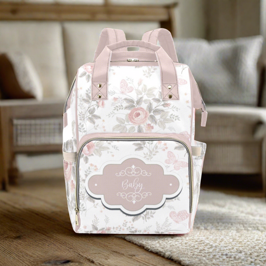 Designer Diaper Bag - Boho Dusty Rose Floral Diaper Bag Backpack - Waterproof Backpack