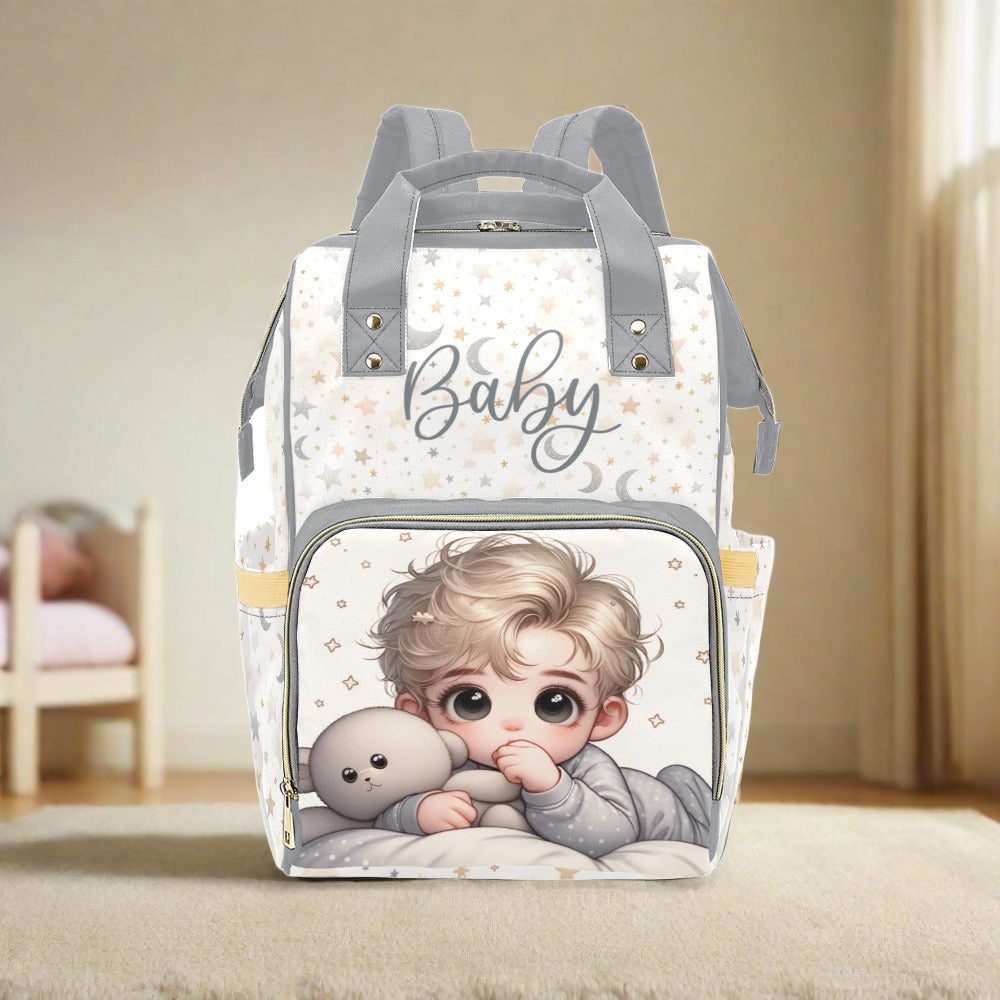 Baby Boy Blonde With Teddy Bear Moons and Stars Diaper Backpack Multi-Function Backpack