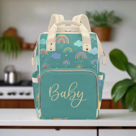 Designer Diaper Bags - Unisex Rainbows With Baby Name On Green - Waterproof Multi-Function Backpack