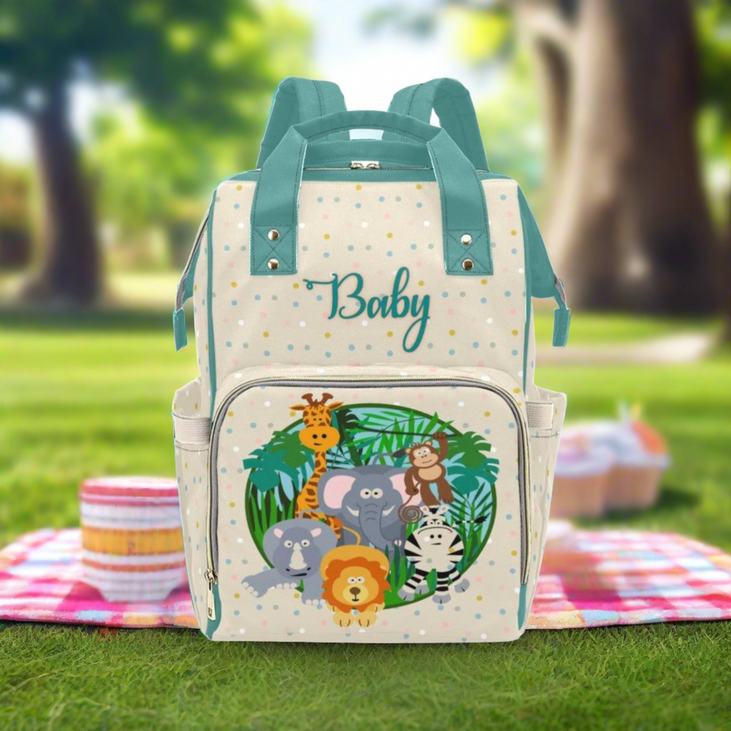Designer Diaper Bag - Cartoon Zoo Animals On Fun Colorful Dots - Green Multi-Function Backpack