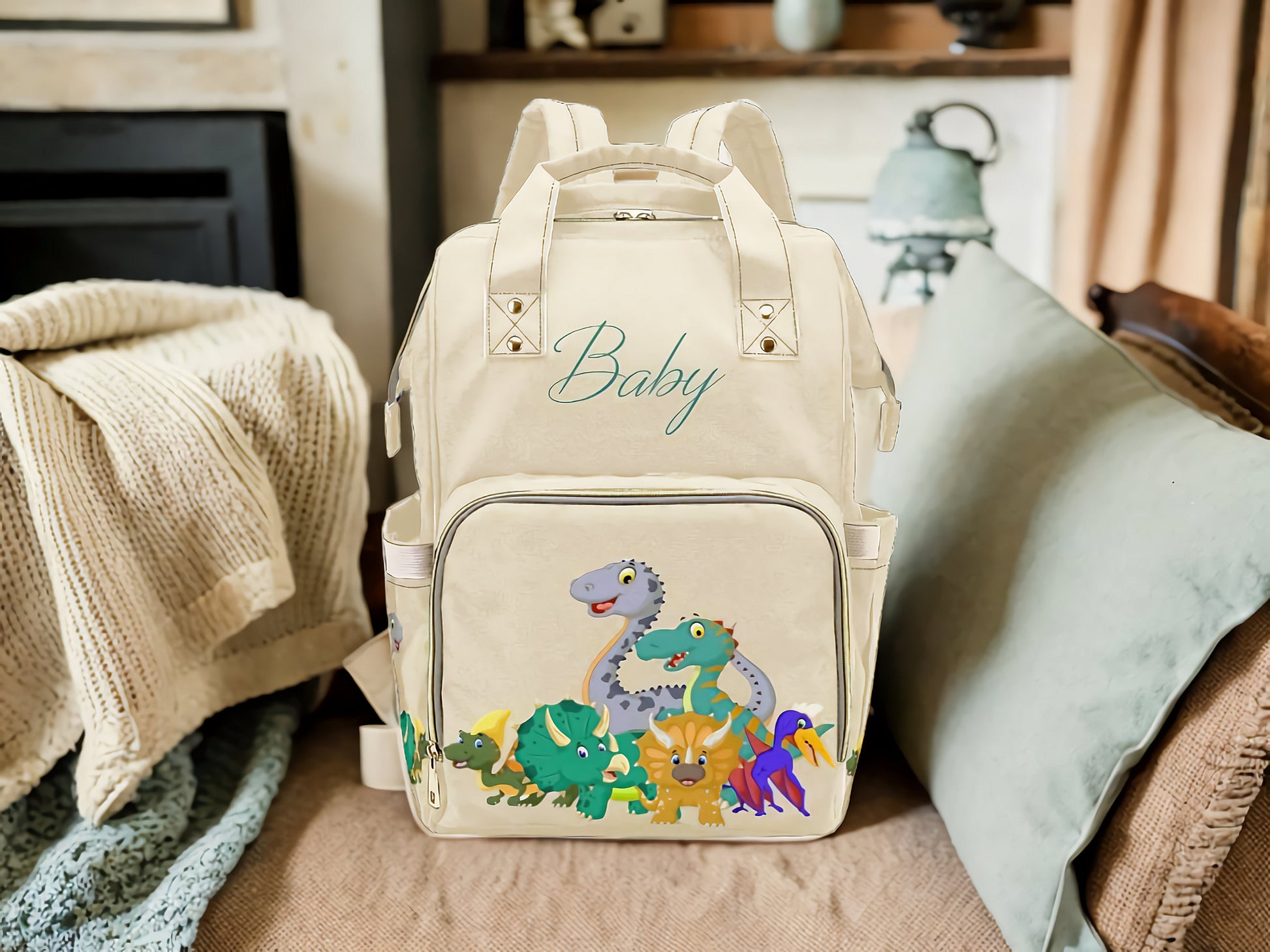 Designer Baby Bag With Cute Cartoon Dinosaurs - Waterproof Multifuncti