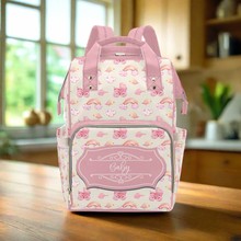 Load image into Gallery viewer, Diaper Bag Backpack with Retro Rainbows and Carriages and Name Label - Waterproof Diaper Backpack