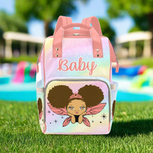 Load image into Gallery viewer, Biracial - Multi-Racial Pretty Eyes Baby Girl Fairy Princess Rainbow Coral Diaper Bag Backpack