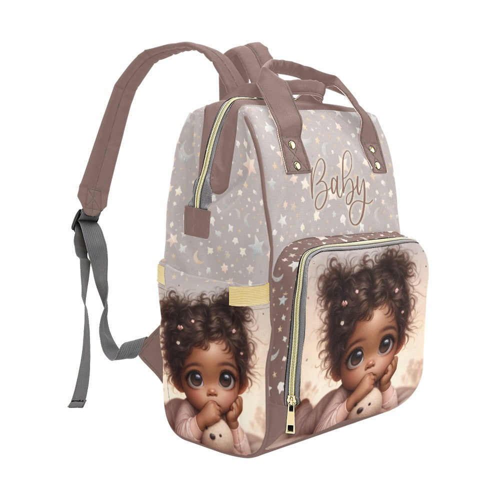 Personalized Diaper Bag With Black Baby Girl Pigtails, PJs, Moons and Stars Diaper Backpack Waterproof Backpack