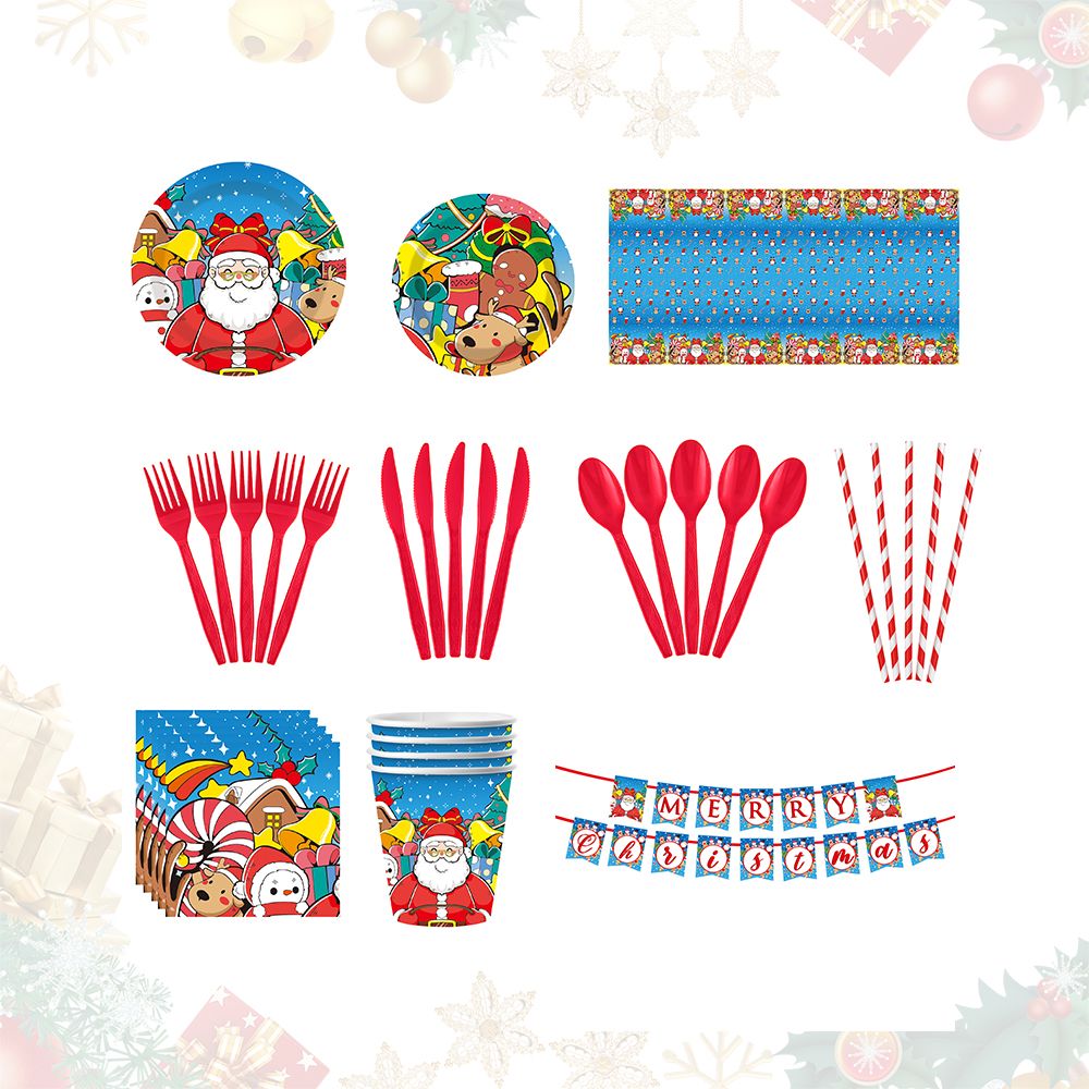 Christmas 10-piece set  Set Party Supplies Snowman Disposable Tableware Paper Plates and Napkins Banners Plastic tablecloths Cutlery Serves 50 for Merry Christmas Party Home Indoor Outdoor Decor