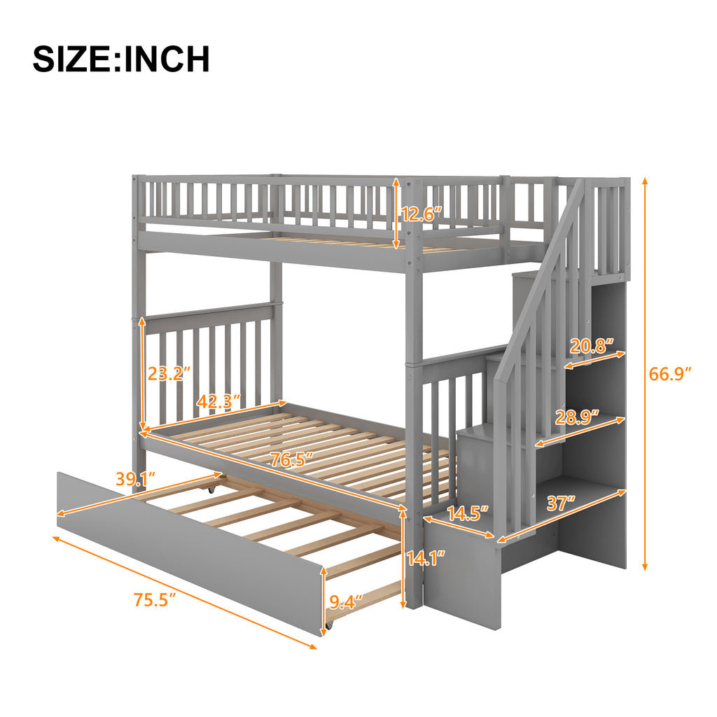 Twin over Twin Bunk Bed with Trundle and Storage, Gray